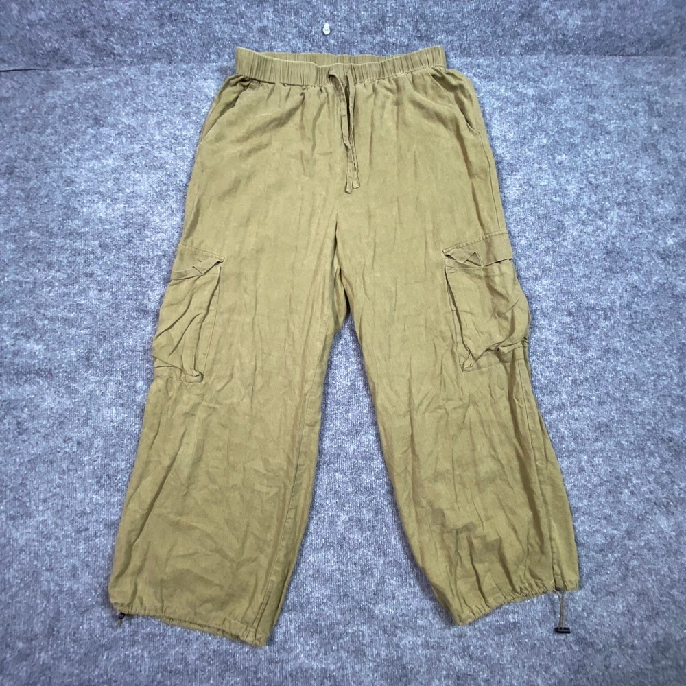 Nicole Miller New York Olive Green Linen Blend Cargo Pants Womens Large Wide Leg
